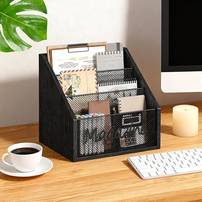 YATINEY Magazine Holder, Wood Magazine Rack Floor, Mail Organizer Countertop, Magazine Mail Holder Sorter, Record Holder for Magazines, Books, Newspapers, Tablets, Black MR02BB