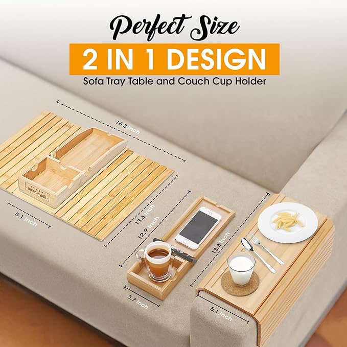 Bamboo Couch Cup Holder Tray with 2 Cork Coasters, Caddy, Anti-Slip Foldable Armrest Sofa Tray, Anti-Spill Holder for Remote, Snacks, Cellphone - Ideal Gift