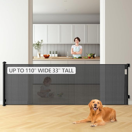 Bulubaky Extra Tall Safety Retractable Baby Gate Adjustable Wide Retractable Dog Gate Mesh Baby Gate Child Gate for Doorway, Hallway, Stair Gates for Kids or Pets (Black, 33" Tall x 110")
