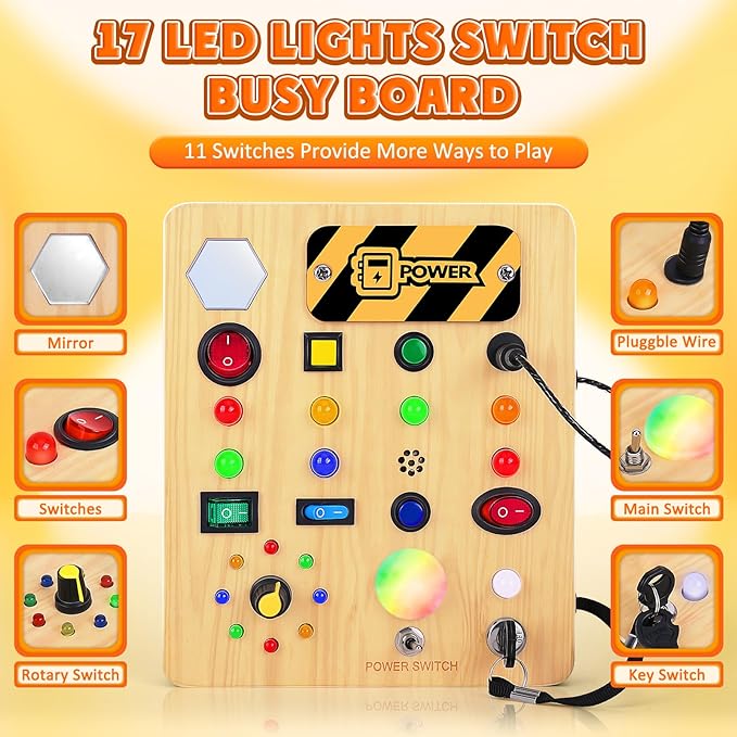 Busy Board with LED Light, Wooden Sensory Toys for Toddler, Montessori Music Toy for Airplane, Travel Activity Educational Learning Autism Toys, Birthday Boys Girls Gifts