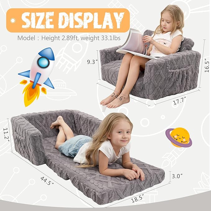Kids Sofa, Toddler Chair, 2-in-1 Flannel Kids Fold Out Couch, Toddler Convertible Sofa to Lounger, Flip Open Toddler Couch for Kids (Grey)
