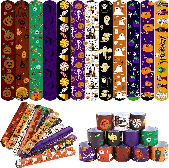 Elcoho 60 Pieces Halloween Designs Snap Bracelets Craft Halloween Party Slap Bracelets Wristbands Toys for Halloween Party Favors