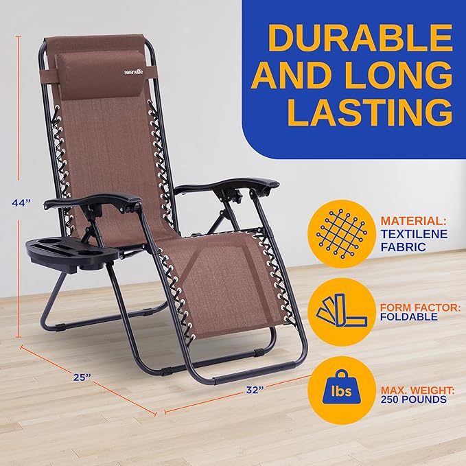 SereneLife Zero Gravity Outdoor Lounge Chairs 2 Pack – Folding Recliners with Side Table, Cup Holder & Padded Headrest – Adjustable Patio Chairs for Lawn, Garden, Deck, Camping (Brown)