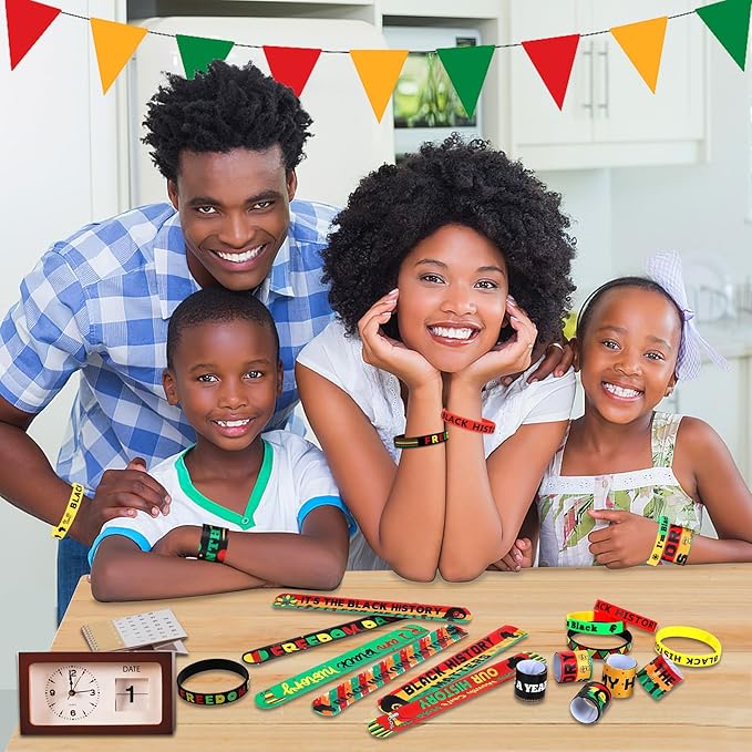 JUNEBRUSHS 50Pcs Black History Month Party Favors, Black History Slap Bracelets and Silicone Bracelets for Kids Adult Gifts Black History Month Wristbands Accessories Bulk for Black History Decoration