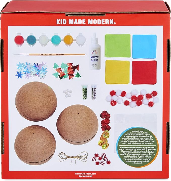 Kid Made Modern Handmade Ornament Paper Mache Kit for Holiday Crafts, Create Custom Christmas Tree Decorations with Paint, Glitter, Glue, and More, Ideal for Kids Ages 6+ and Adults