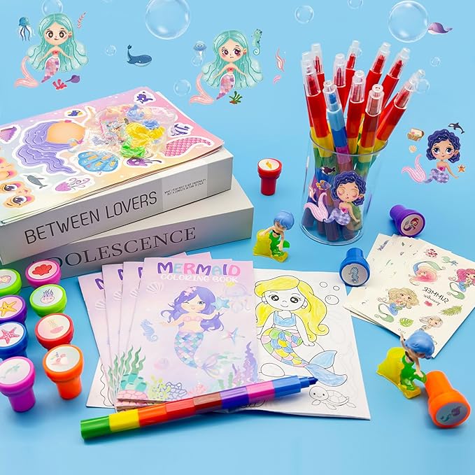 72 Pcs Mermaid Coloring Book with Crayons Party Favors Set, Under the Sea Party Pinatas Goodie Bag Fillers, Ocean Birthday Party Supplies Craft DIY Kit Face Stickers Tattoo for Underwater Party