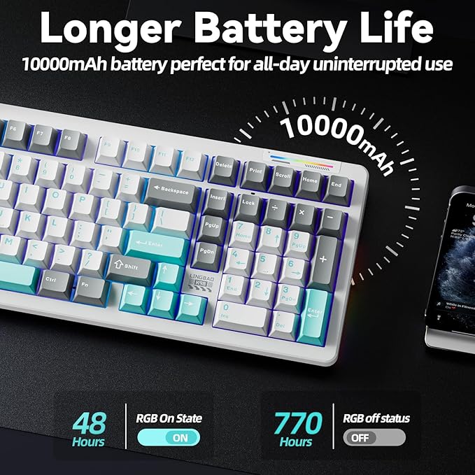 LINGBAO K98 - 96% Mechanical Keyboard Wireless,10000mAh Battery,Wireless Gaming Keyboard BT5.0/2.4G/USB-C, Gasket Hot Swappable,RGB Backlit, Creamy Sounding Keyboards with Number Pad for Win/Mac/PC