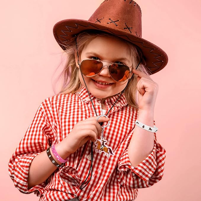HyDren 48 Pcs Cowgirl Birthday Party Favors Including Cowgirl Silicone Bracelets Stretch Wristbands Acrylic Keychains and Round Stickers for Western Themed Birthday Gathering Party Supplies