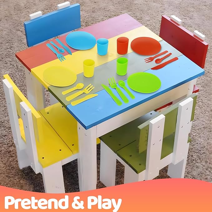 Kids Play Dishes with Drainer - 27PC Tableware & Pretend Kitchen Accessories, Plastic Play Set - Durable and Colourful for Children Ages 3+