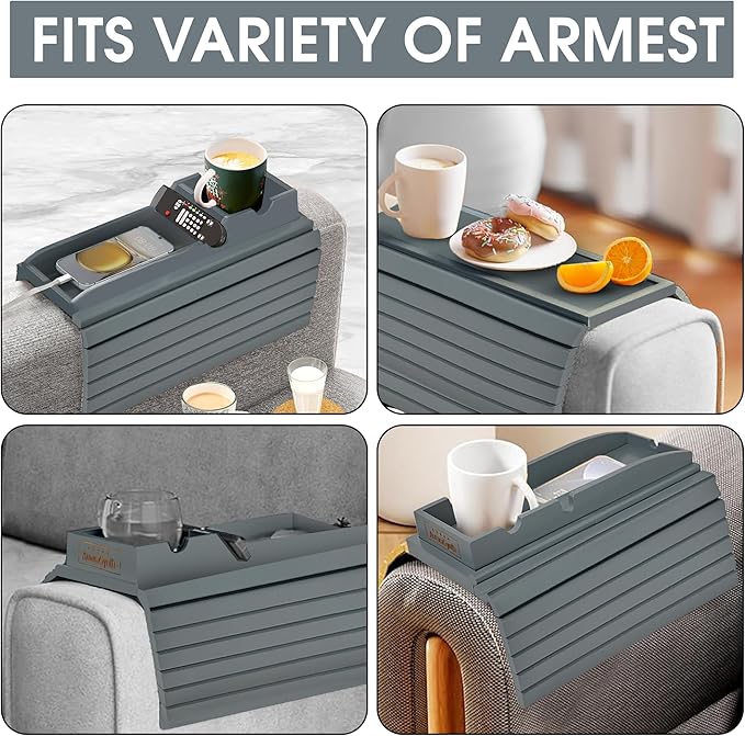 Couch Cup Holder Tray with 2 Cork Coasters, Caddy, Anti-Slip Foldable Armrest Sofa Tray, Anti-Spill Holder for Remote, Snacks, Cellphone - Ideal Gift (Grey)