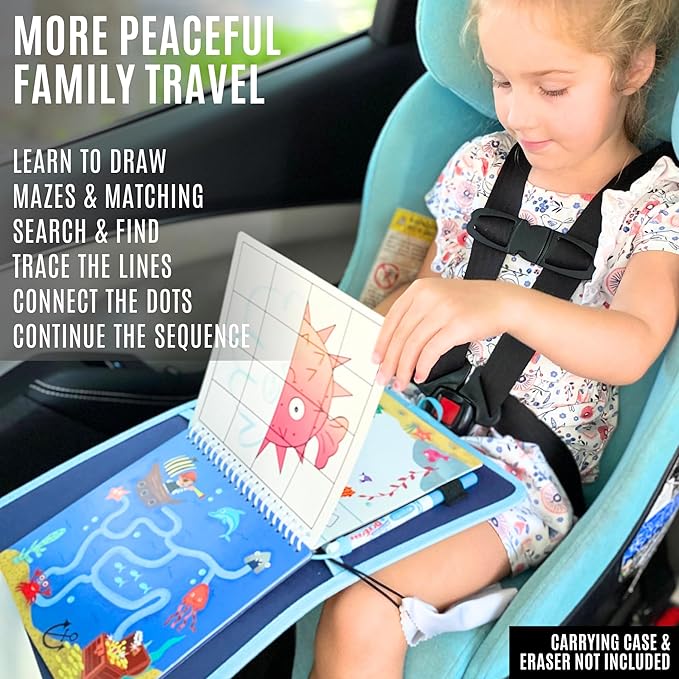Kids Travel Educational Activity Books with Washable Markers - Car and Airplane Activities, Learning Toys for Toddlers- Search and Find, Reusable Stickers for Ages 4, 5, 6 (Ocean & Princess)