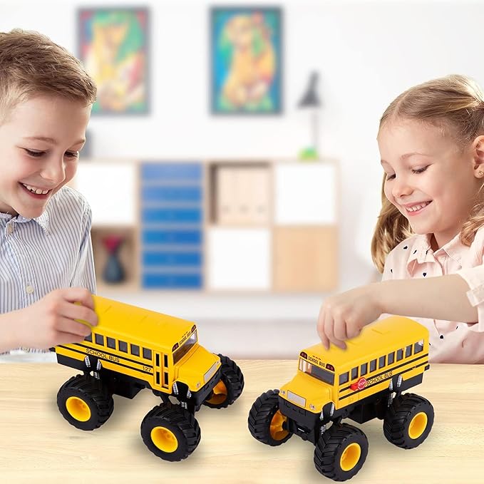 ArtCreativity 5 Inch Pull Back School Bus Toy Set - Set of 2 - Includes 5 Inch Monster-Wheel Bus, Diecast Bus Playset with Pull Back Mechanism, Great Gift Idea for Kids
