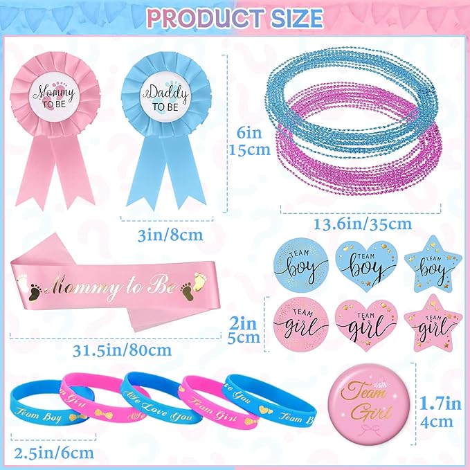 202 Pcs Baby Gender Reveal Party Supplies Favors Boy or Girl, Gender Reveal Ideas Gender Reveal Games Supplies, Baby Gender Reveal Bracelets, Team Boy Girl Button Pins