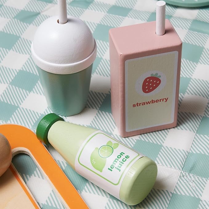 21pcs Wooden Play Food Set for Kids Kitchen, Cutting Pretend Play Toy Picnic Playset with Food, Fruit, Juice and Bag, Toddler Toy Food Play Kitchen Accessories Boys & Girls Birthday Gift