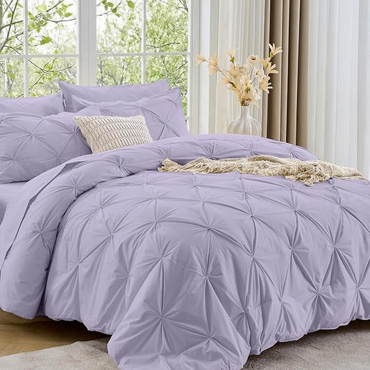 Sasttie King Size Comforter Set, 7-Piece Bed in a Bag, Pintuck Bedding Sets for All Season, Includes Comforter, Flat Sheet, Fitted Sheet, Pillowcases and Pillowshams, Lavender