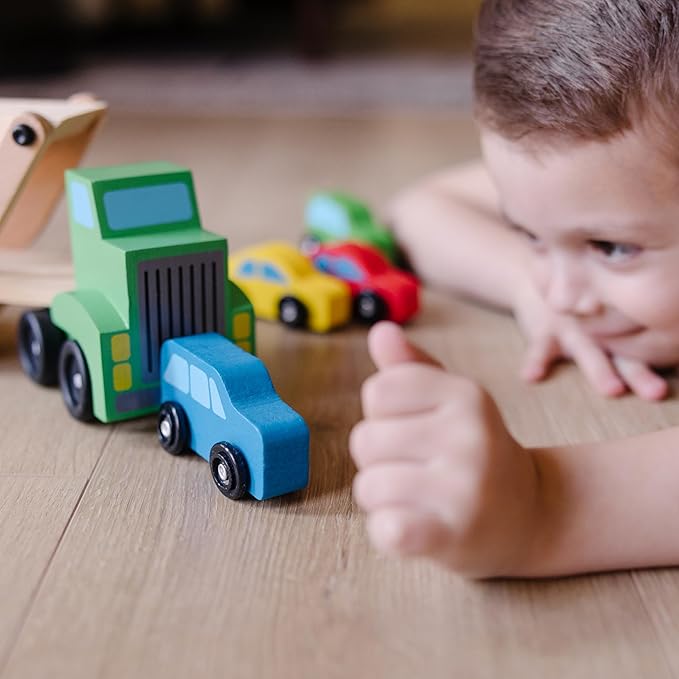Melissa & Doug Car Carrier Truck and Cars Wooden Toy Set With 1 Truck and 4 Cars Wooden Vehicle Toys, Push And Go Trucks For Toddlers And Kids Ages 3+