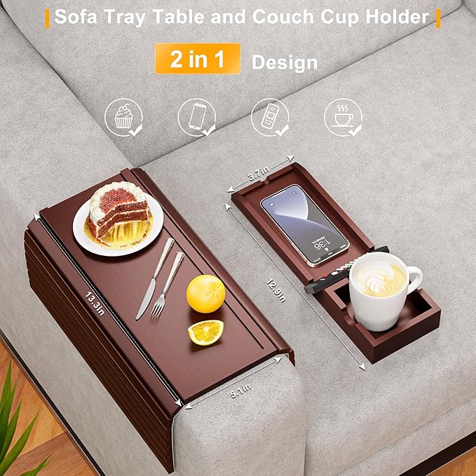 Bamboo Couch Armrest Table, Sofa Arm Tray with Detachable Couch Cup Holder- 2 in 1 Anti-Slip Foldable Sofa Armchair Caddy Table for Drinks Cellphone TV Remote Snacks (Walnut)