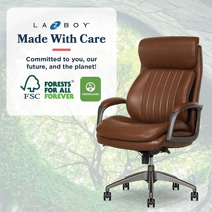 La-Z-Boy Nova Vegan Leather Modern Executive Ergonomic Design Office Chair, Memory Foam Thick Contoured Seat Back with Patented Lumbar Support Technology, Soft to Medium Sit Comfort, Cognac