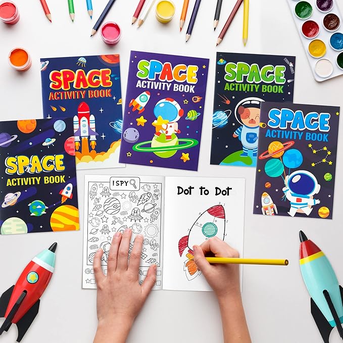 24Pcs Space Activity Books for Kids Space Theme Mini Games Coloring Book Set Bulk Mazes Word Search Word Scramble Games for Birthday Party Goodie Bags Stuffers Classroom Back to School Favors Supplies