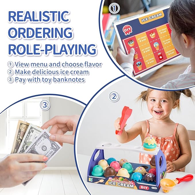 Ice Cream Toy Play Set for Kids, 41Pcs Toddler Ice Cream Shop Cart Truck, Birthday Christmas Easter Toys Gift for 3 4 5 6 Year Old Girl Boy, Pretend Play Grocery Store Kitchen Food Accessories