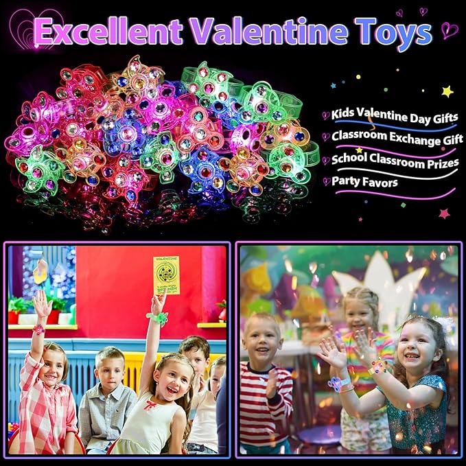 25 Pack Valentines Day Gifts for Kids, LED Light Up Fidget Spinner Bracelets with Valentines Day Cards for Kids Classroom Exchange School Prizes Valentine Party Favors Gifts for Boys Girls 3 4 5 6 7+