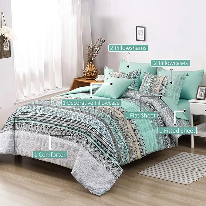 Cottolester Boho Comforter Set Queen Size,8 Piece Bed in a Bag Sage Green Paisley Comforter and Sheet Set,Striped Bedding Set Soft Microfiber Complete Bedding Set