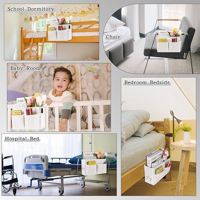 Bedside Caddy White Bedside Hanging Storage Basket Bed Caddy for Headboards Bunk Dorm Rooms Crib Beds Rails Organizer (White)