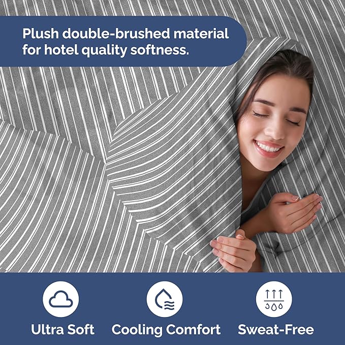 Duvet Cover Cal King Size Set - Extra Soft Cal King Size Duvet Cover 104 x 98 with 2 Pillow Shams - Hotel Luxury and Fade Free w/Zipper Closures & Ties - Comfy Breathable Bedding Set (Grey Stripes)