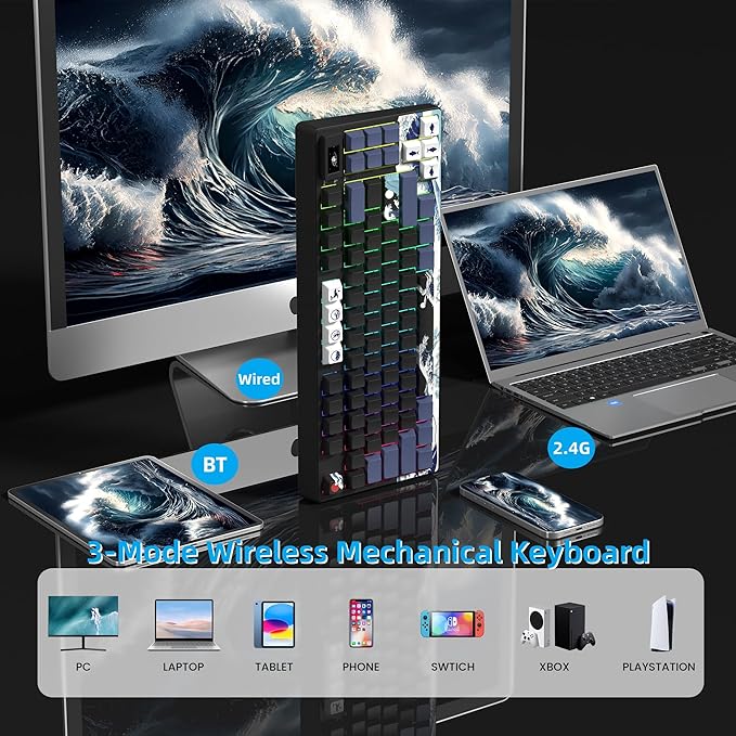 Womier 75% Wireless Mechanical Keyboard with Color Multimedia Screen Anime Gaming Creamy Keyboard, 3-Modes Hot Swappable Kanagawa Theme Key Board w/Wrist Rest, Gasket RGB Custom for Mac/Win (SK80 PRO)