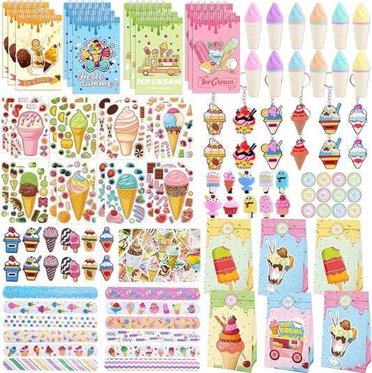 Bluegogo 148 Pcs Ice Cream Party Favors Include Mini Notebook Highlighter DIY Sticker Gift Bag Slap Bracelet Keychain Shoe Charms Hair Clip for Ice Cream Birthday Party Decoration