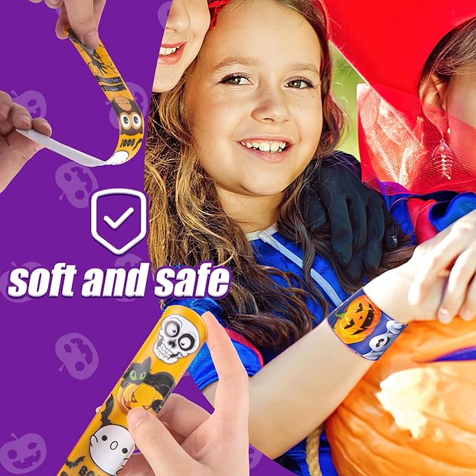 AMOR PRESENT 64PCS Slap Bracelets Bulk, Halloween Slap Bracelets for Kids Snap Wrist Bands for Party Favors Goodie Bags Trick Or Treat Toys