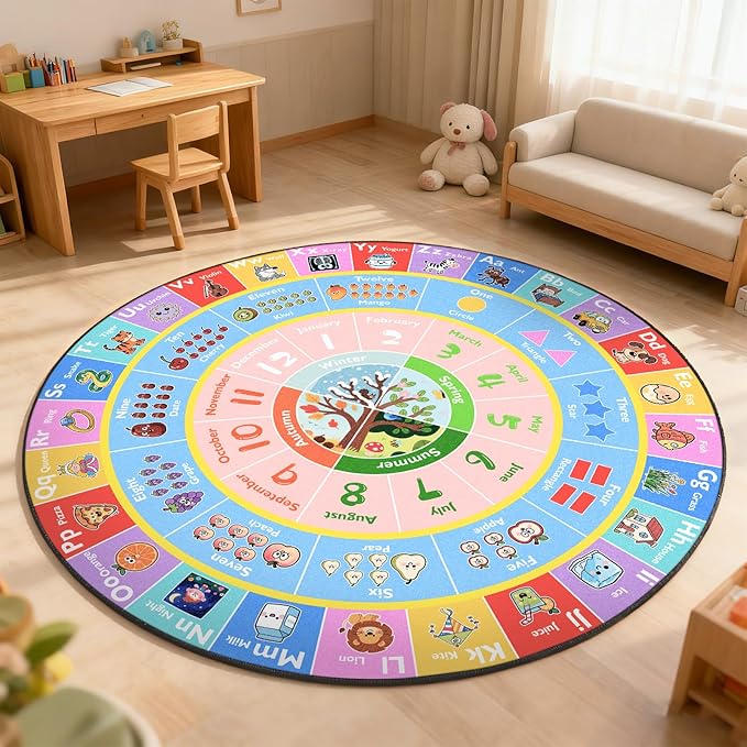 ABC Round Kids Rug for Playroom, 5ft Alphabet Small Classroom Rug, Educational Kids Play Mat With Number Shape Animal Season, Learning Area Rug for Nursery Bedroom Kidsroom, Colorful Non-Slip Washable