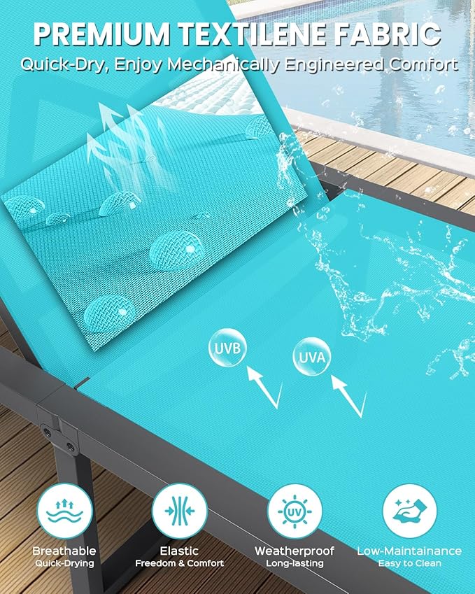 Aluminum Chaise Lounge Chair Outdoor, Foldable & Assembly Free Patio Pool Lounge Chairs 5-Position Recliner for Outside Poolside, Fully Grounded Legs Sun Lounger for Beach, Yard, Lake Blue