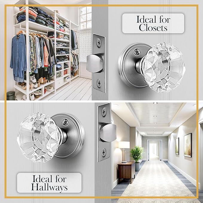 Silver Crystal Door Knob, Glass Door Knobs Interior Non-Locking Set, Antique Decorative Vintage Style for Hallway, Closet, Passage Doors, 2 Pack