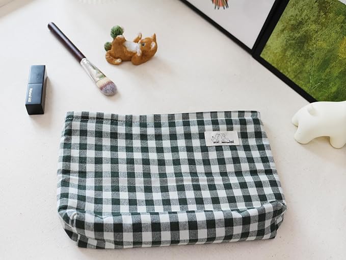 HAPPYHEIDI Dark Green Gingham Pouch Cotton Makeup Bag Cosmetic Travel Make Up Purse Organizer, Zipper Closure, Canvas Lined, Vintage Moss Green