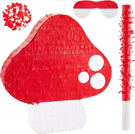 Lewtemi Mushroom Piñata 3D Mushroom Shaped Piñata Mushroom Party Favor with Blindfold Bat Confetti for Forest Jungle Fairy Theme Woodland Birthday Party Baby Shower Garden Decor, 14.9 x 14.1 x 2.95"