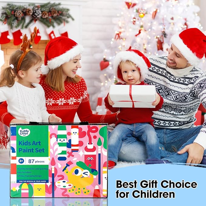 KIDDYCOLOR Kids Art Set, Drawing Art Supplies for Girls & Boys Ages 4-8 with Watercolor Cakes, Oil Pastels, Colored Pencils, Ideal Gift for Young Artist, Black-87pcs