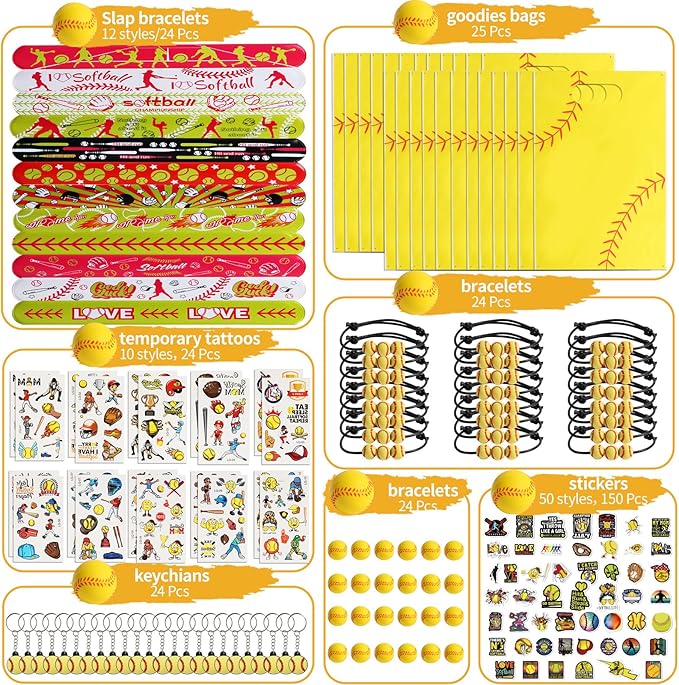 295 Pieces Softball Party Favors Supplies Set Bulk Mini Softball Slap Bracelet Tattoo Sticker Keychain Adjustable Bracelet Goodie Bag Fillers for Sports Softball Party Gifts Bags (Softball)
