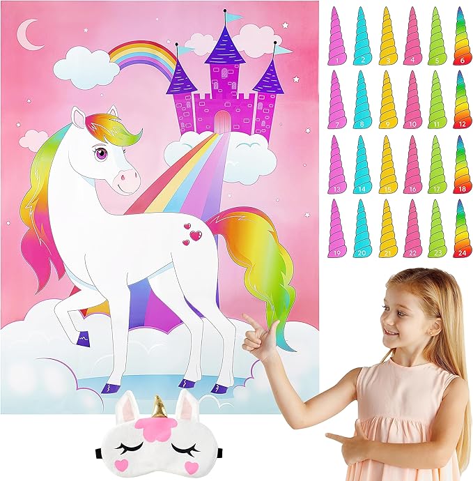 JOYIN Pin The Unicorn Horn Game, 24 Pcs 21'' x 28'' Unicorn Themed Party Games Party Supplies Birthday Party Decorations for Kids Girls