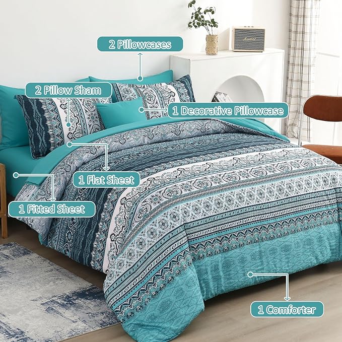 Cottolester Boho Full Size Comforter Set 8 Pieces, Teal Comforter Bohemian Striped Bed in A Bag, Soft Microfiber Bedding Set for All Seasons