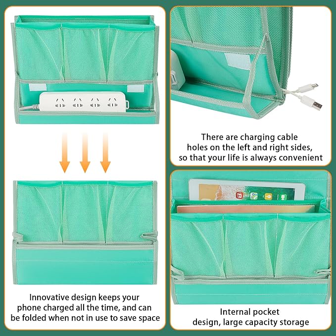 Bedside Caddy Bedside Storage Organizer Bedside Organizer with Power Strip Holder and 2 Adjustable Straps for Home Bunk Bed College Dorm Sofa (Green)