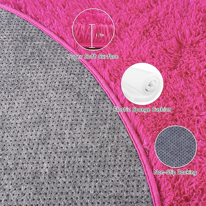 Xexsin Round Fluffy Rugs 7Ft for Girls Bedroom, Hot Pink Shag Circle Kids Rug Non-Slip for Bedside Dorm Nursery Playroom, Soft Cute Area Rugs for Living Room Decor