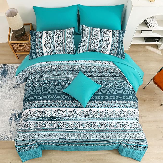 Cottolester Boho Full Size Comforter Set 8 Pieces, Teal Comforter Bohemian Striped Bed in A Bag, Soft Microfiber Bedding Set for All Seasons