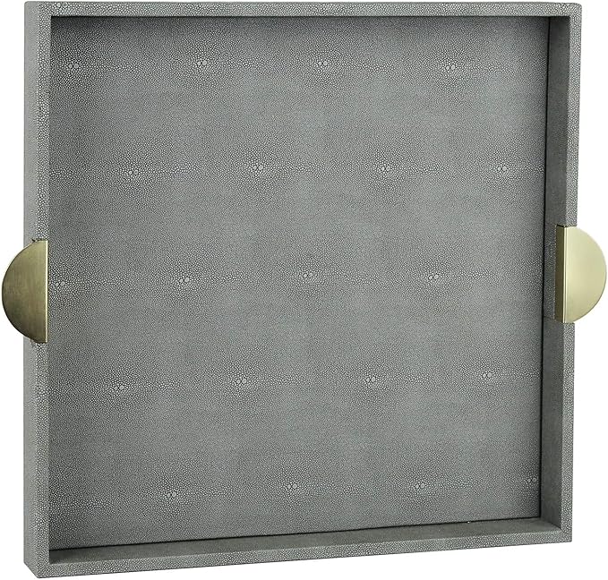 HofferRuffer Faux Leather Decorative Serving Tray, Elegant Coffee Table Ottoman Tray, Breakfast, Drinks, Liquor Serving Platter, Dark Grey Shagreen Finish with Gold Hardware Handle (Square)