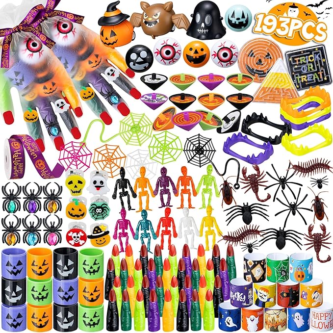 Halloween Party Favors, 193pcs Halloween Stuffed Toys Bulk Birthday Party Decorations, Goodie Bags for Party Supplies, Halloween Games for Kids