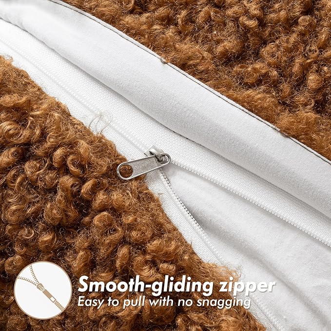 Woaboy Faux Fur Throw Pillow Covers 18x18 Inch Set of 2 Boucle Neutral Decorative Sherpa Fuzzy Accent Soft Sheepskin Fleece Cushions Modern Home Fall Decor for Couch Sofa Bedroom Living Room,Brown