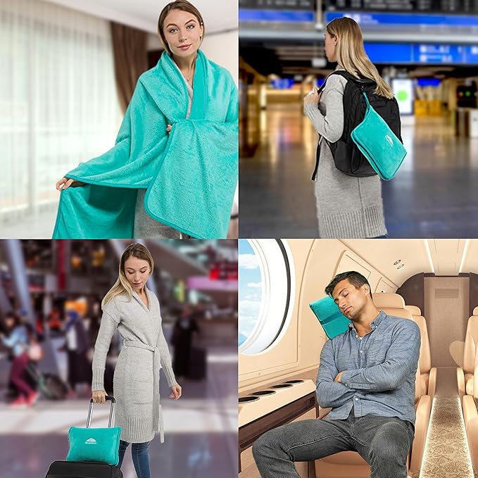 BlueHills Premium Soft Travel Blanket Pillow Airplane Blanket Packed in Soft Bag Pillowcase with Hand Luggage Belt and Backpack Clip, Compact Pack Large Warm for Any Travel (Teal Green T006)