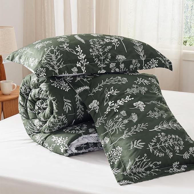 Bedsure Full Comforter Set - Dark Olive Green Bed Set, 3 Pieces Cute Floral Bedding, 1 Soft Reversible Botanical Flowers Comforter and 2 Pillow Shams