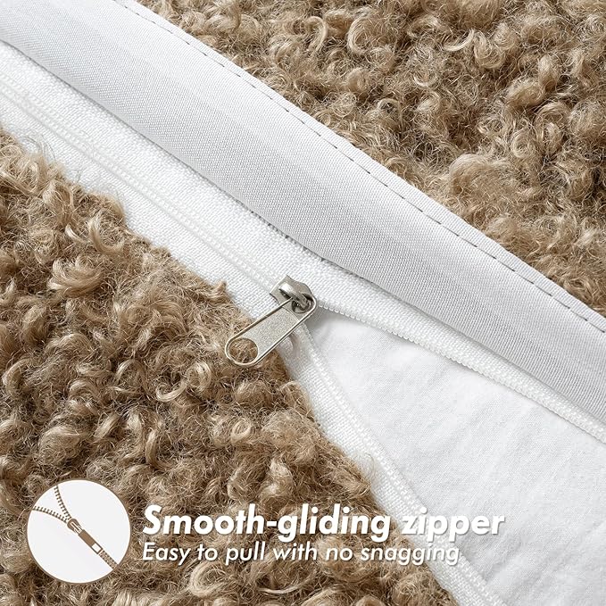 Woaboy Faux Fur Throw Pillow Covers 24x24 Inch Set of 2 Boucle Neutral Decorative Sherpa Fuzzy Accent Soft Sheepskin Fleece Cushions Euro Modern Home Decor for Couch Sofa Bedroom Living Room,Khaki