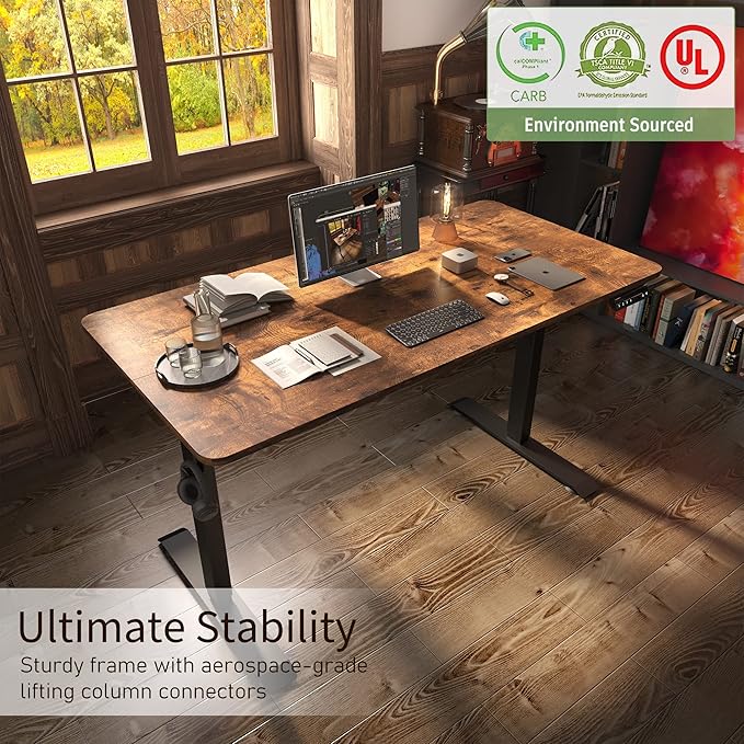 Monomi Electric Height Adjustable Standing Desk, 48x24 Inches, Ergonomic Home Office Sit/Stand Up Desk with Two-Piece Desktop (Black Steel Frame/Rustic Brown Top)